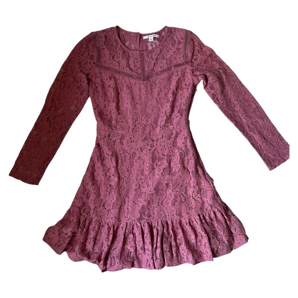 NWT Francesca’s Mi Ami lace ruffle-hem mini dress – mauve, long sleeve, sz S - Picture 1 of 11